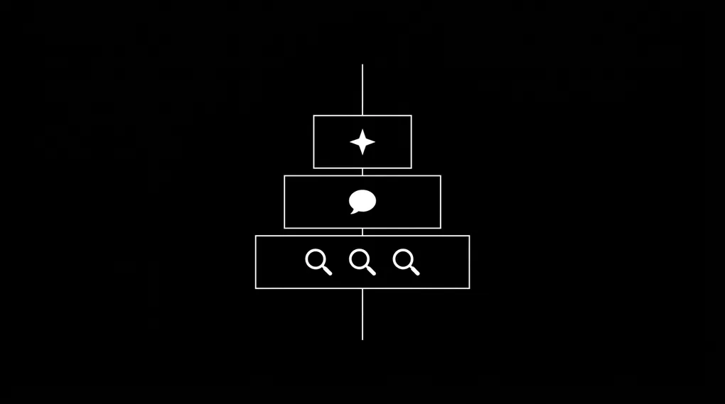 Three stacked horizontal layers on a black background forming a low pyramid representing SEO at the base (three magnifying glasses), AEO in the middle (a speech bubble), and GEO at the top (a four-pointed star), with a vertical scan line crossing all three layers to suggest a unified discoverability audit