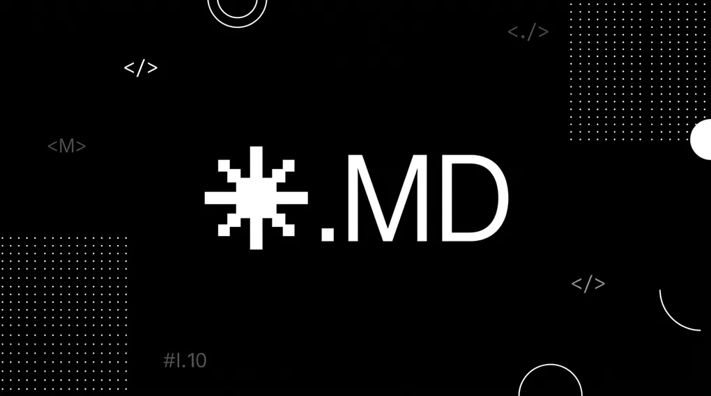 Pixelated Claude AI sparkle logo next to a dot MD file icon with code elements on a black background