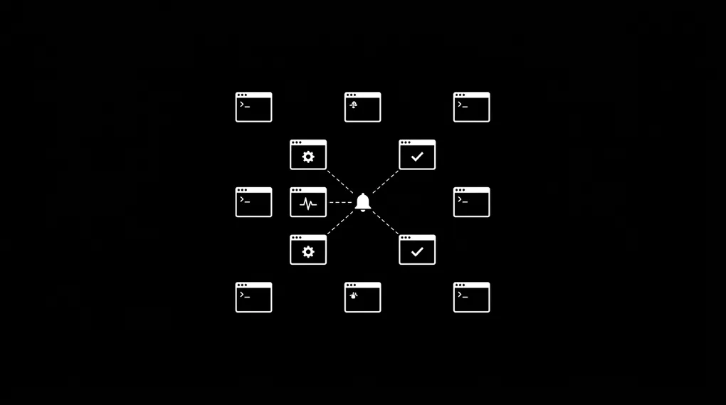 A grid of small white terminal windows on a black background, each holding a single icon such as a gear, a pulse line, or a checkmark, with three connected by dashed lines to a central notification bell, representing small single-job Cloudflare Workers pinging a Slack channel.