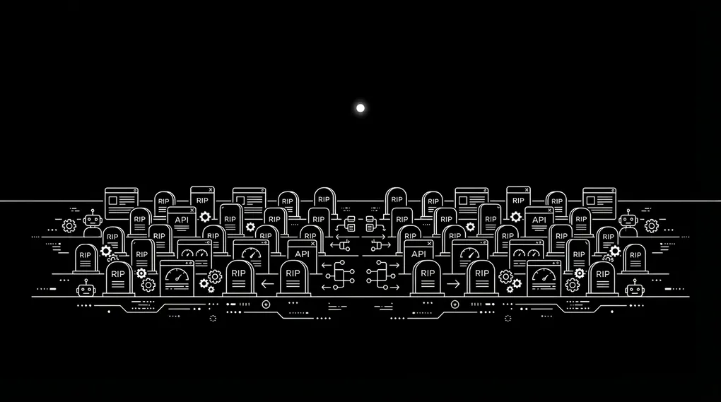 A minimalist black and white illustration of rows of tombstones shaped like dashboards, API nodes, and workflow diagrams, each marked RIP, with a single small moon floating above