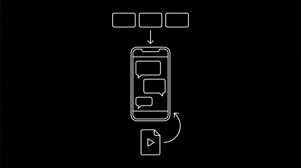 Minimal line drawing on black background showing three video thumbnail rectangles at the top sending a link down into a smartphone displaying a chat conversation, with a video file icon returning back up to the phone