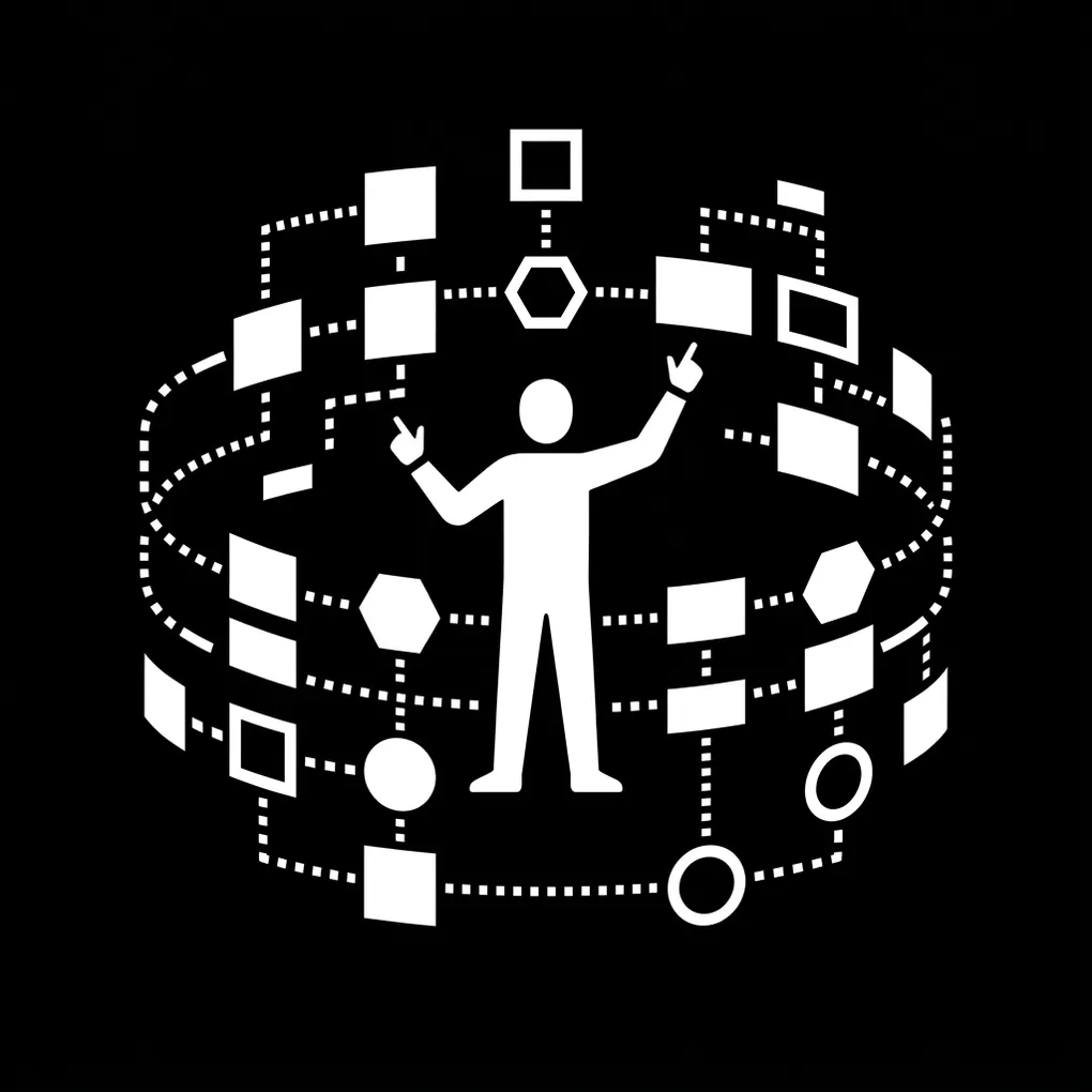 A person orchestrating connected AI workflow nodes and blocks, representing building AI agents without code