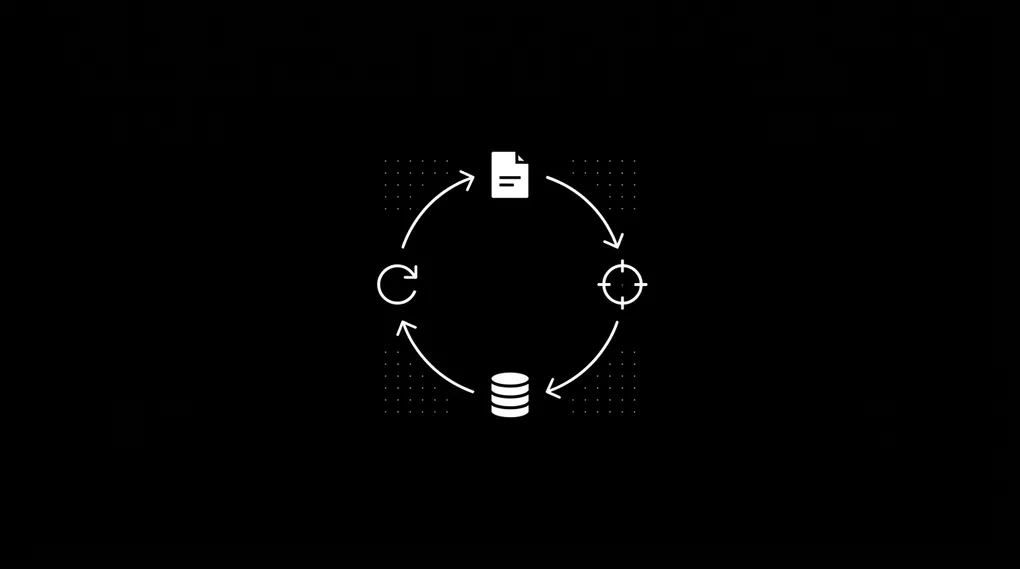 Four-node circular workflow diagram on a black background showing a document, an analysis crosshair, a database, and a refresh arrow connected in a continuous clockwise loop representing the blog evaluation cycle inside the Knowledge Operating System