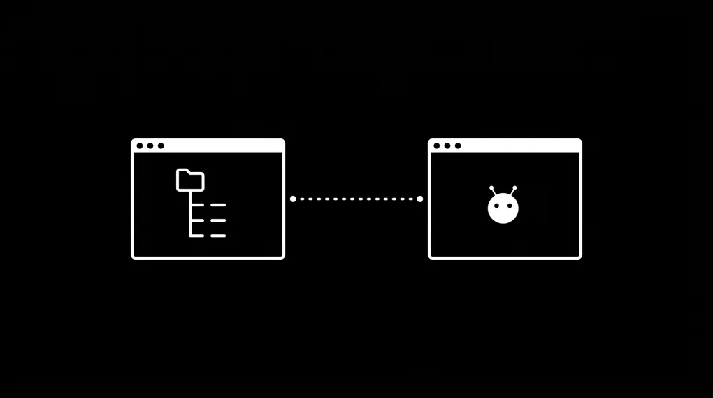Two minimal terminal windows on a black background connected by a thin dashed line, the left containing a folder-tree icon representing an Obsidian vault and the right containing a small AI agent face representing OpenClaw reading the knowledge base