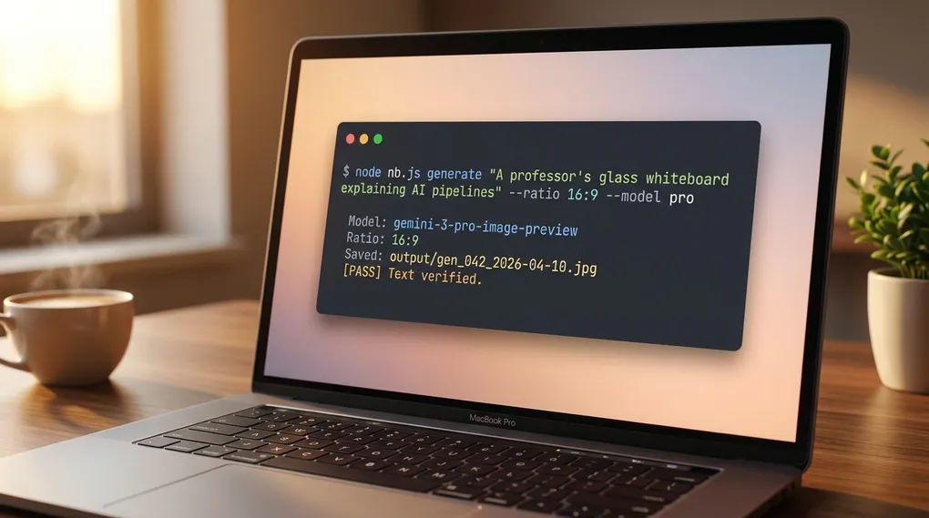 A MacBook Pro on a walnut desk showing the nb-studio CLI running a whiteboard generation command, with golden-hour window light and a steaming espresso cup
