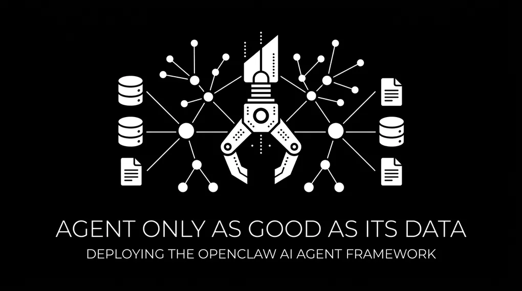 OpenClaw AI agent claw icon connected to a network of data nodes and knowledge graph representing structured business data