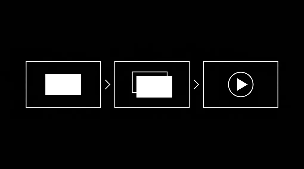 Three horizontal video frames in a row on a black background separated by thin arrow markers, depicting a transformation from a static rectangle to overlapping frames suggesting motion to a play-button circle, representing the workflow from a static Canva design to an animated LinkedIn video using Remotion