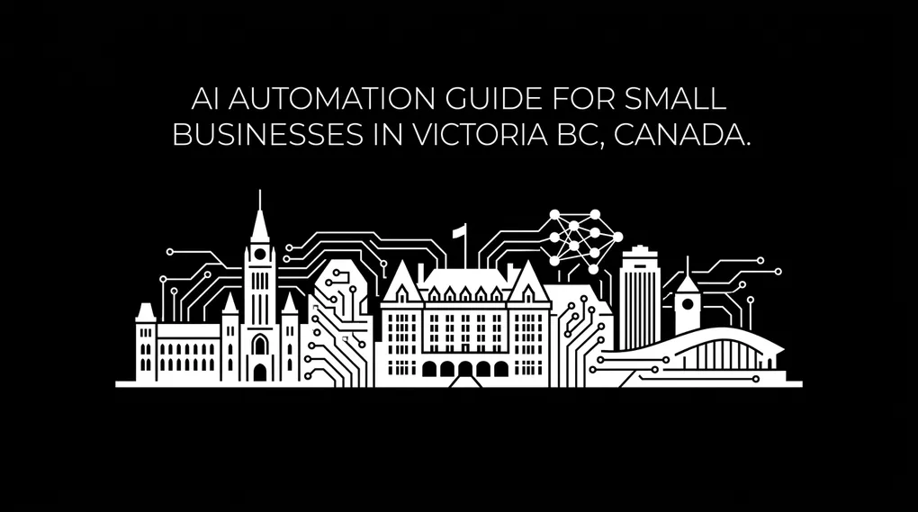 Victoria BC city skyline silhouette with AI circuit board and neural network patterns overlaid representing local small business automation