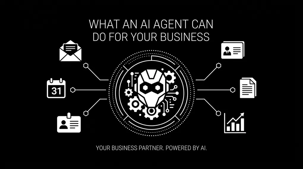 AI agent icon connected to business tools including email, calendar, CRM, documents, and analytics representing a custom AI employee