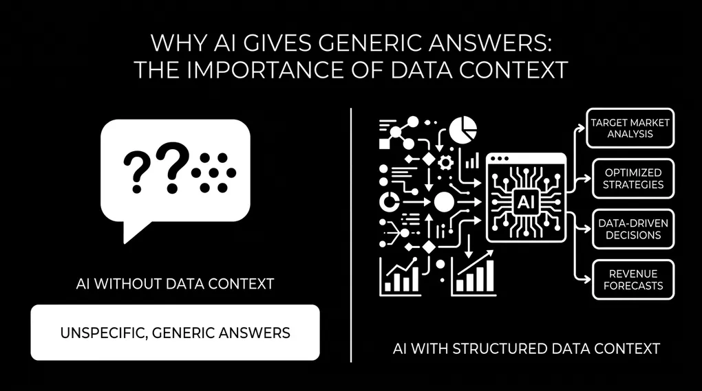 Split comparison showing AI without data context giving generic answers versus AI with structured business data giving specific useful answers