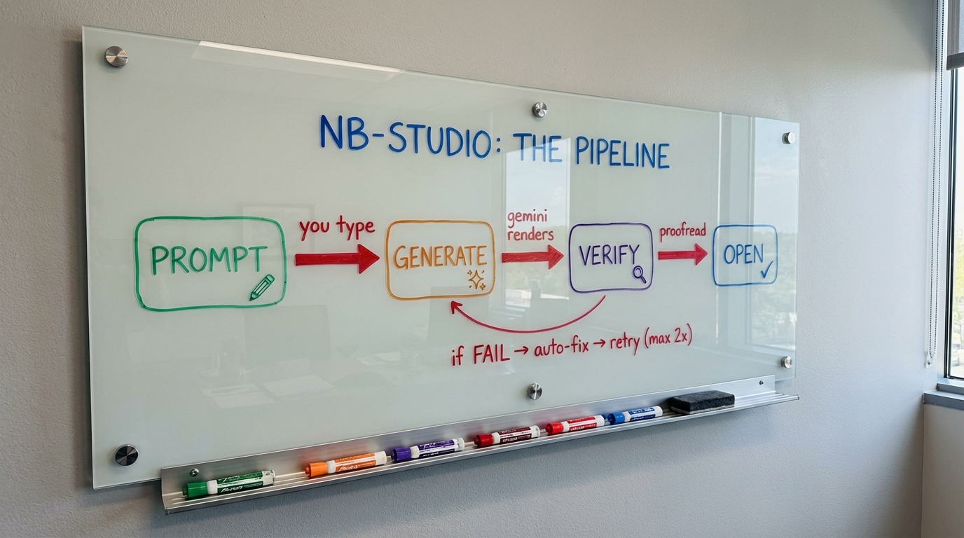 Glass whiteboard diagram titled "nb-studio: the pipeline" showing four boxes (Prompt, Generate, Verify, Open) connected by red arrows, with a retry loop from Verify back to Generate labeled "if FAIL then auto-fix and retry, max 2x"