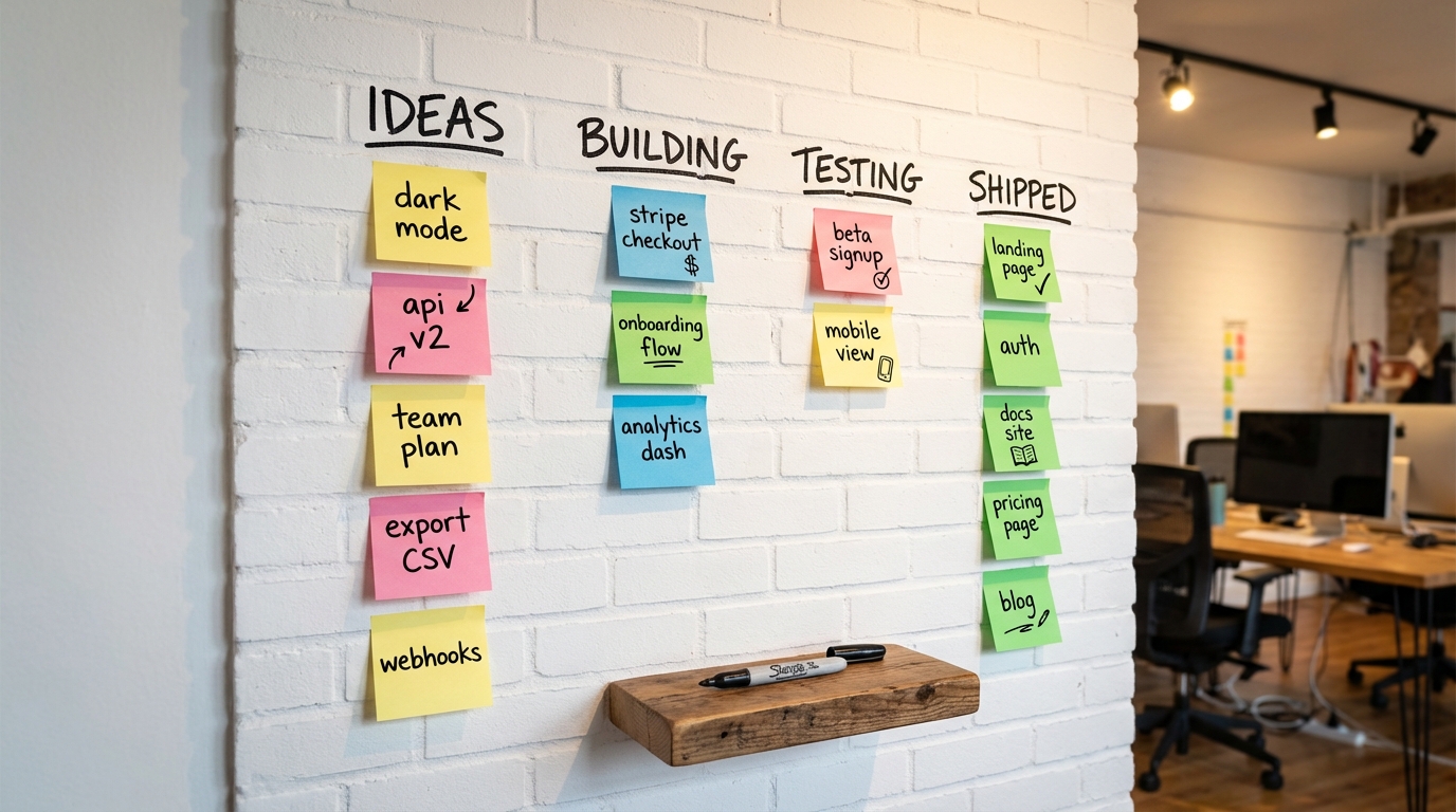 A white brick office wall with four columns of colorful sticky notes labeled IDEAS, BUILDING, TESTING, and SHIPPED. Each column holds yellow, pink, blue, and green post-it notes with handwritten feature names like "dark mode", "stripe checkout", "beta signup", and "landing page"