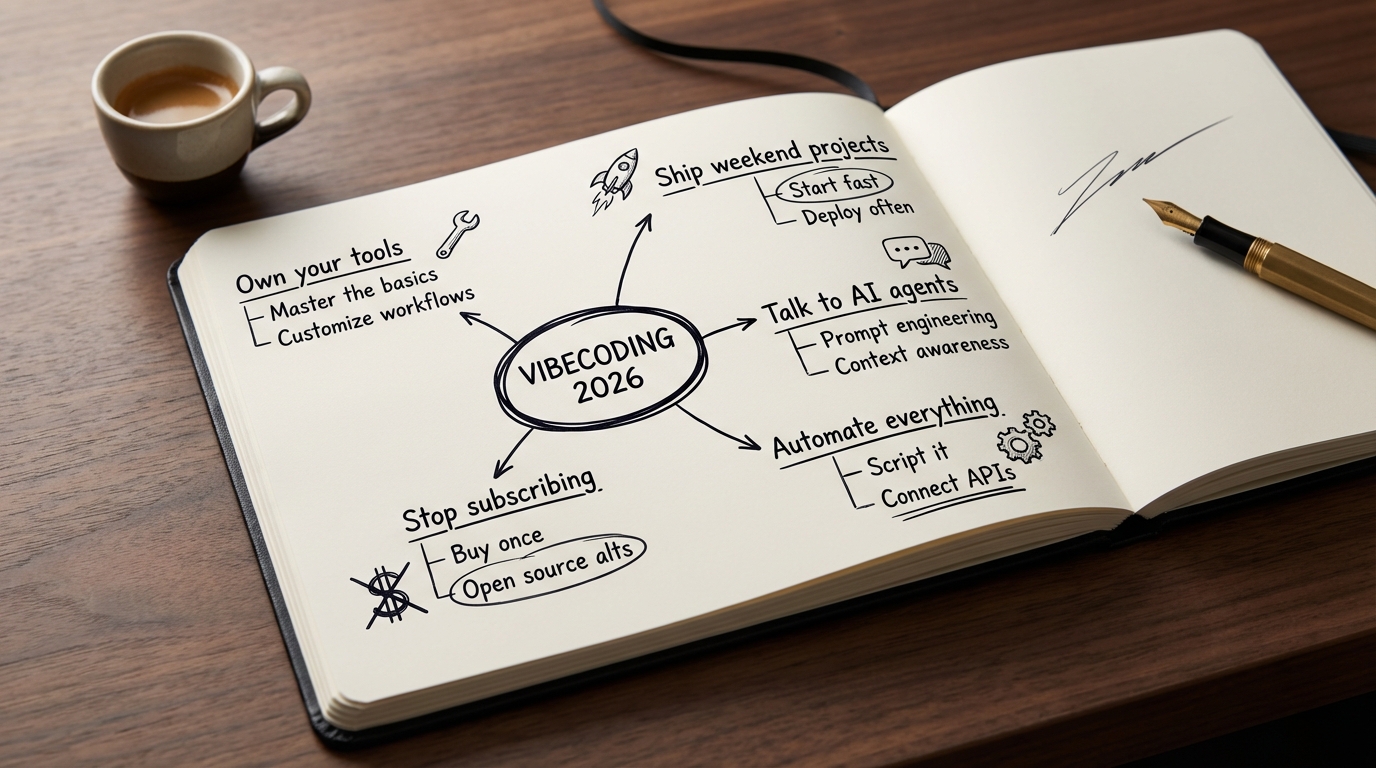 An open moleskine notebook on a walnut desk showing a hand-drawn mind map centered on "VIBECODING 2026" with five branches: Own your tools, Ship weekend projects, Talk to AI agents, Automate everything, Stop subscribing, beside a brass-nib fountain pen and an espresso cup