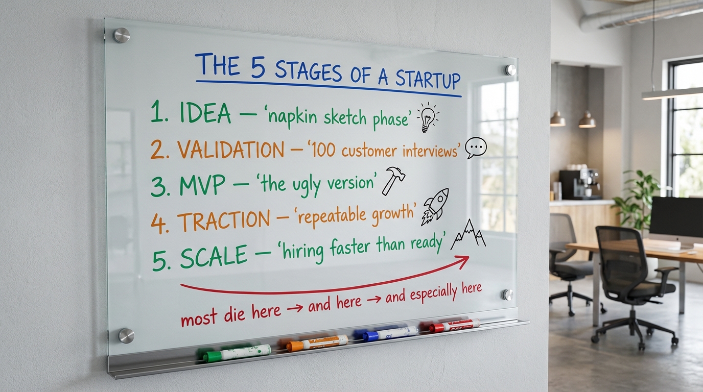 A photorealistic glass whiteboard showing "The 5 Stages of a Startup" with numbered items 1-5 (Idea, Validation, MVP, Traction, Scale) in alternating green and orange marker, each with a small hand-drawn doodle, and a red arrow at the bottom with the caption "most die here, and here, and especially here"